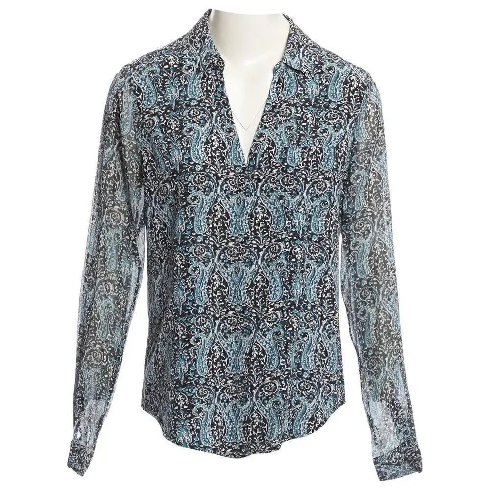 NWT Paige Everleigh 100% Silk Blue Black Shirt Button Down Blouse Size XS